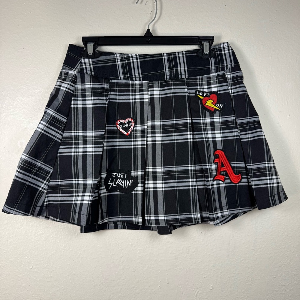 Black White Plaid Pleated Mini Skirt Juniors 7-9 Patches Goth Grunge Academia
